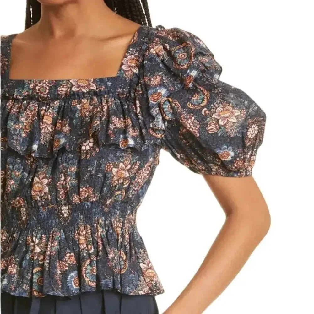 ULLA JOHNSON Warner Floral Ruffle Puff-Sleeve Peplum Blouse in Twilight SZ S